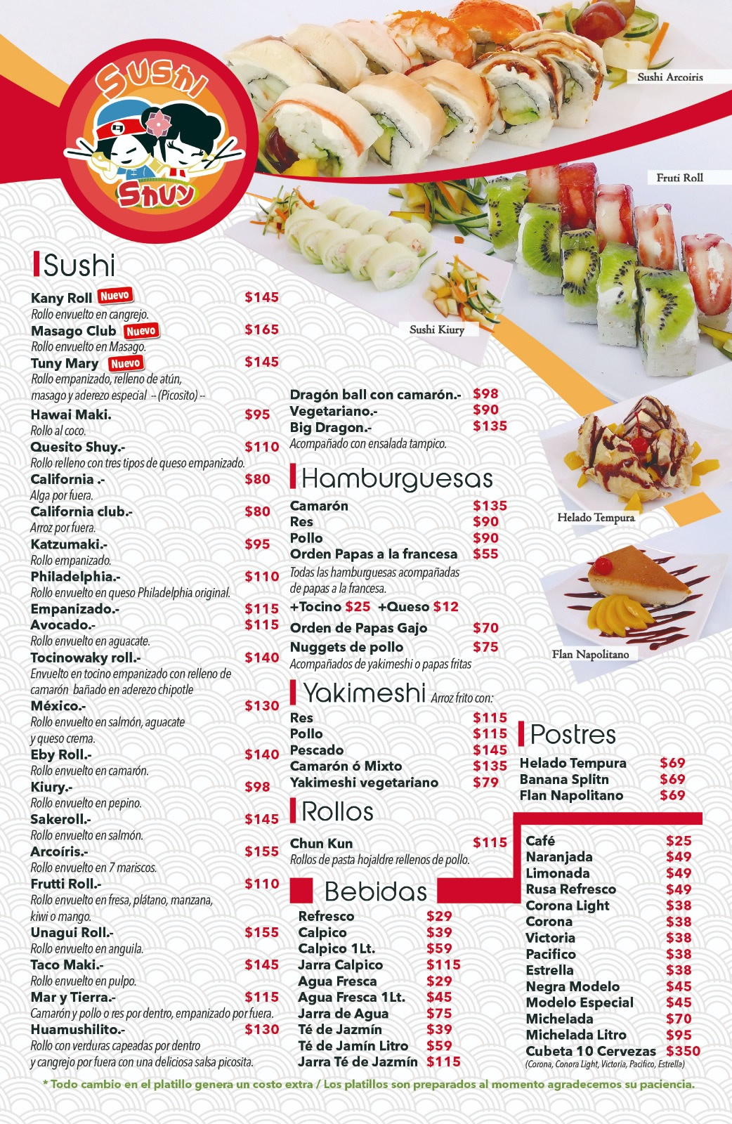 Sushis, Hamburguesas, Yakimeshi, Rollos, Postres