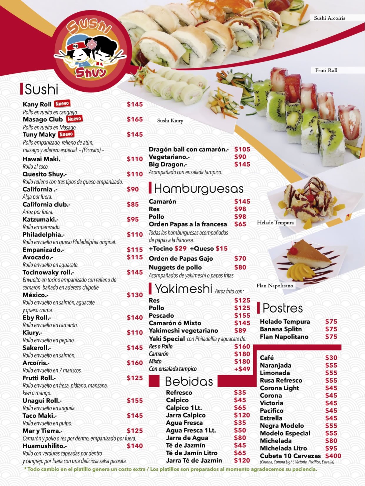 Sushis, Hamburguesas, Yakimeshi, Rollos, Postres